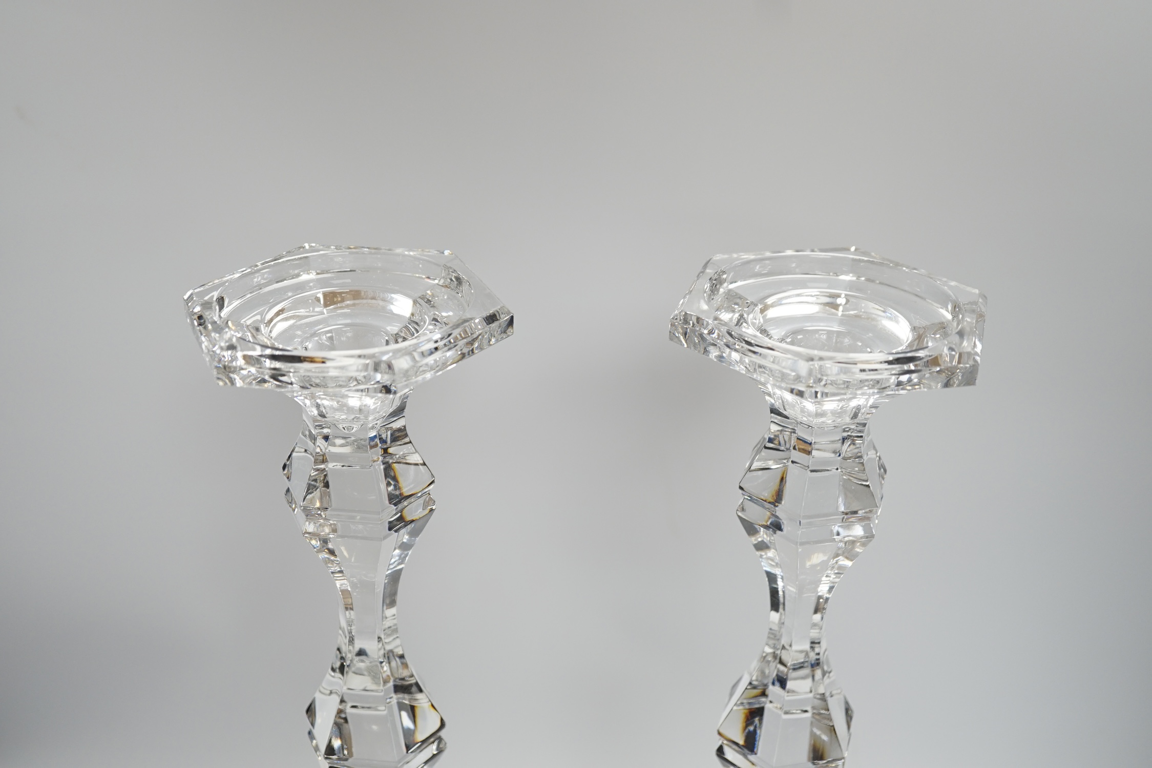 A pair of boxed tall Kenneth Turner glass candlesticks, 45.5cm